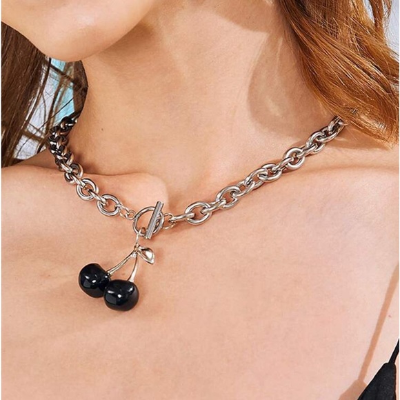 Y2K Gothic Halloween Black Cherry Silver Tone Chain Link Choker Necklace - Picture 3 of 8